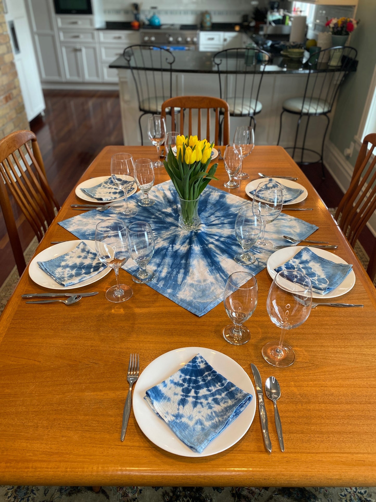 Indigo Shibori Hand-Dyed 100% Cotton Napkins- set of 4 Burst Pattern